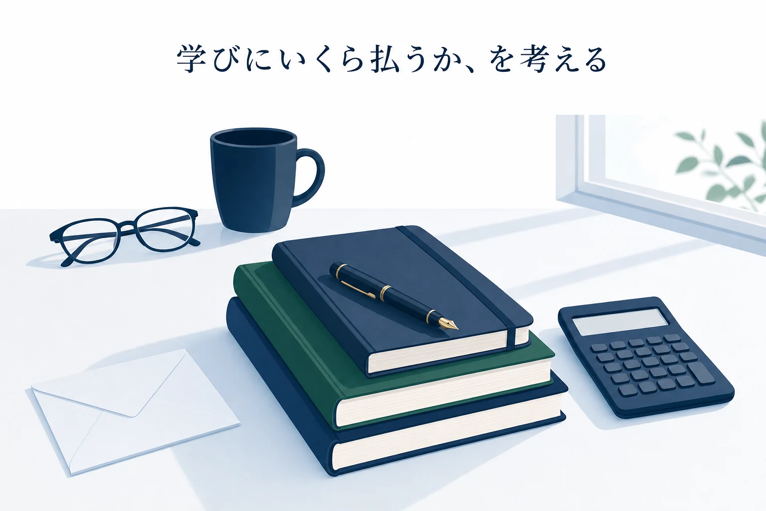 机に閉じた教科書と受講ノート、表示の消えた電卓と封筒が置かれた、学費を考える場面のアイキャッチ
