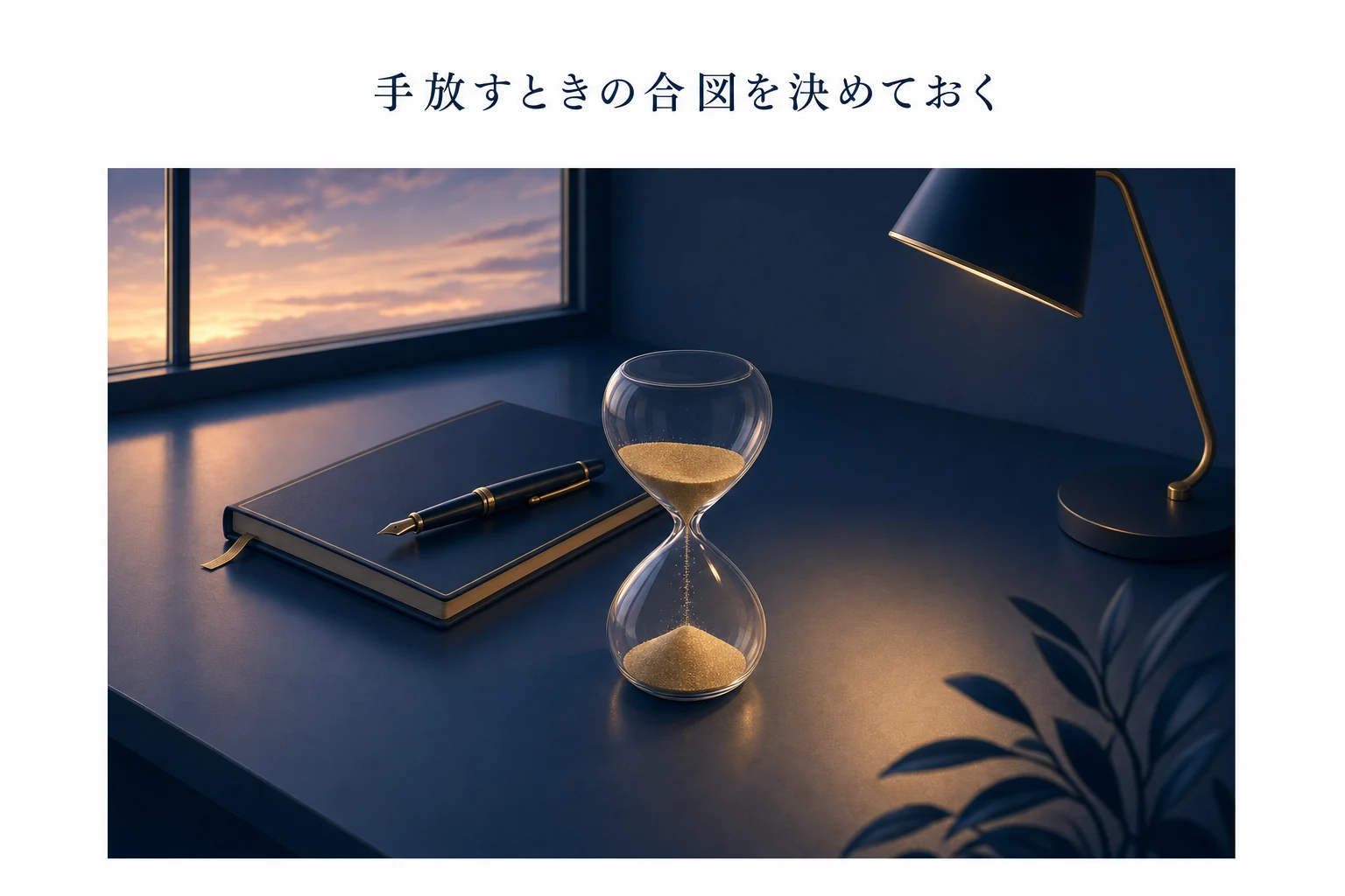 机の上の砂時計と閉じたノート、暮れかけた窓の光で「手放すときを考える」ことを表したアイキャッチ