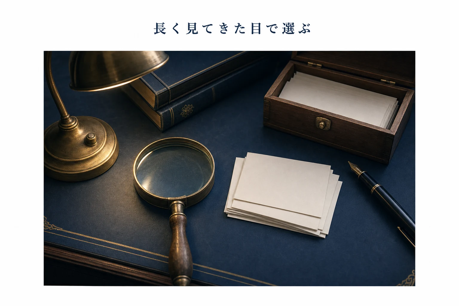 古い虫眼鏡と選び抜いた無地のカード、木箱を斜め上からとらえたアイキャッチ