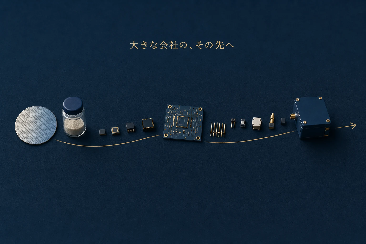 紺の布の上に大きさの違う半導体の部品が左から右へ並ぶ、部品の流れをたどるアイキャッチ
