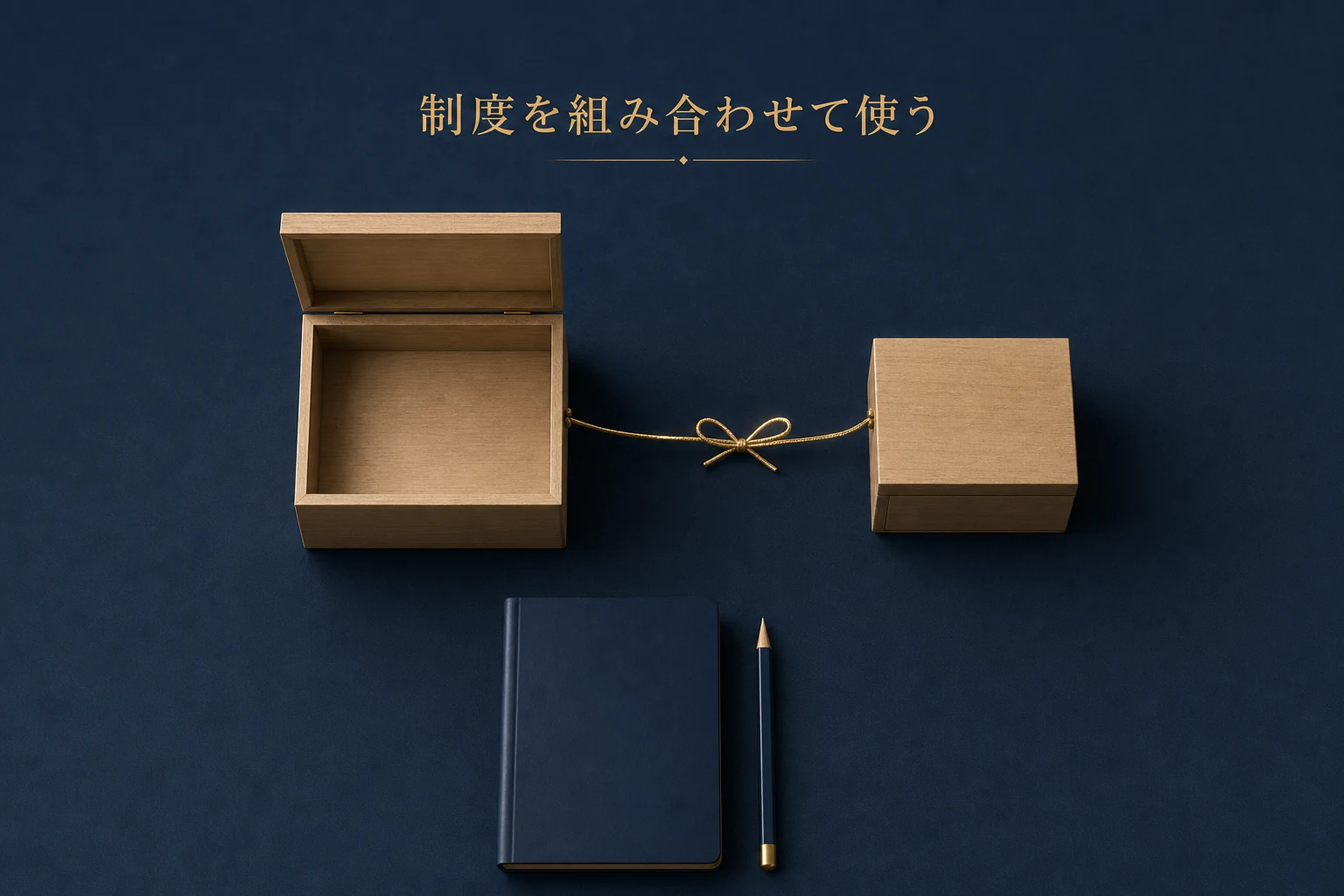 二つの木箱を細い紐で結んだ俯瞰の構図で、二つの制度を併用する様子を表したアイキャッチ