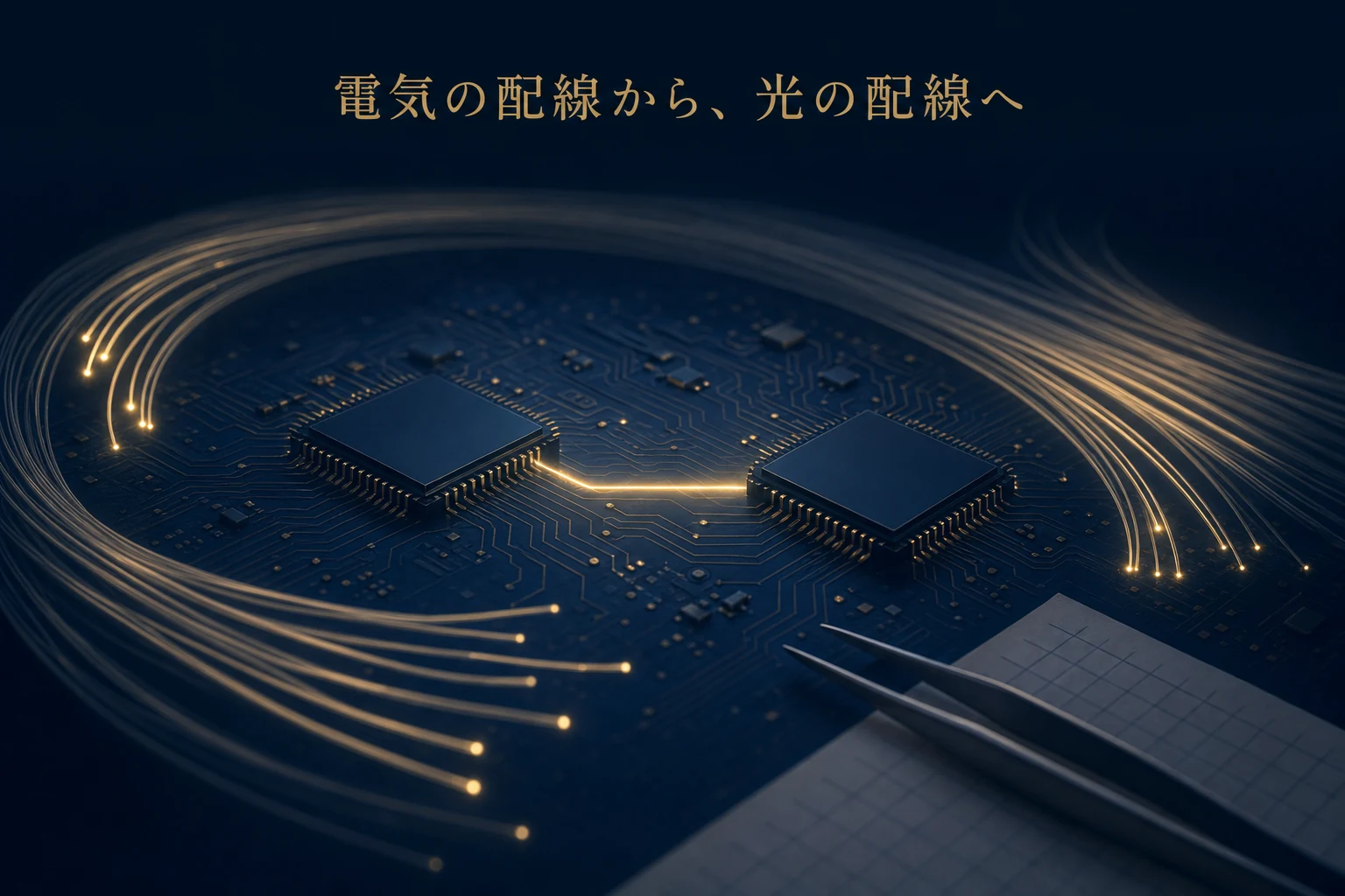基板の上で二つのチップが細い光の筋でつながれた、光インターコネクトを表したアイキャッチ