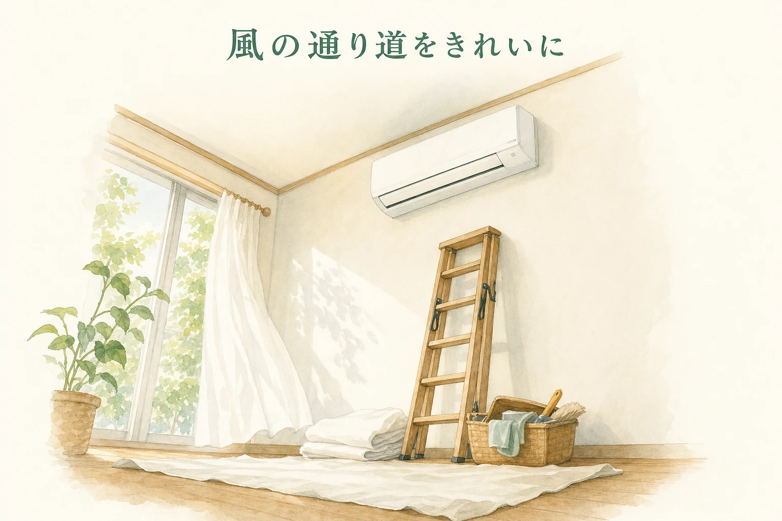 リビングの壁上部のエアコンと、その下に置かれた脚立とたたんだ布を見上げた構図のアイキャッチ