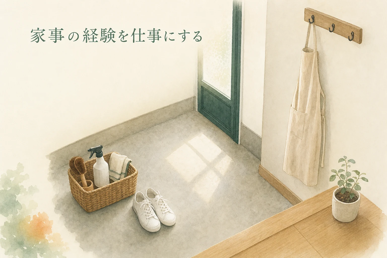 玄関の三和土に置かれた道具かごとフックに掛かるエプロンを描いた、働きに出る朝のアイキャッチ
