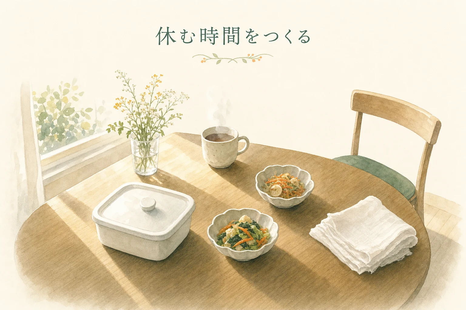 食卓に作り置きの器が並び、脇にたたんだ布と小さな花が置かれた朝の台所のアイキャッチ