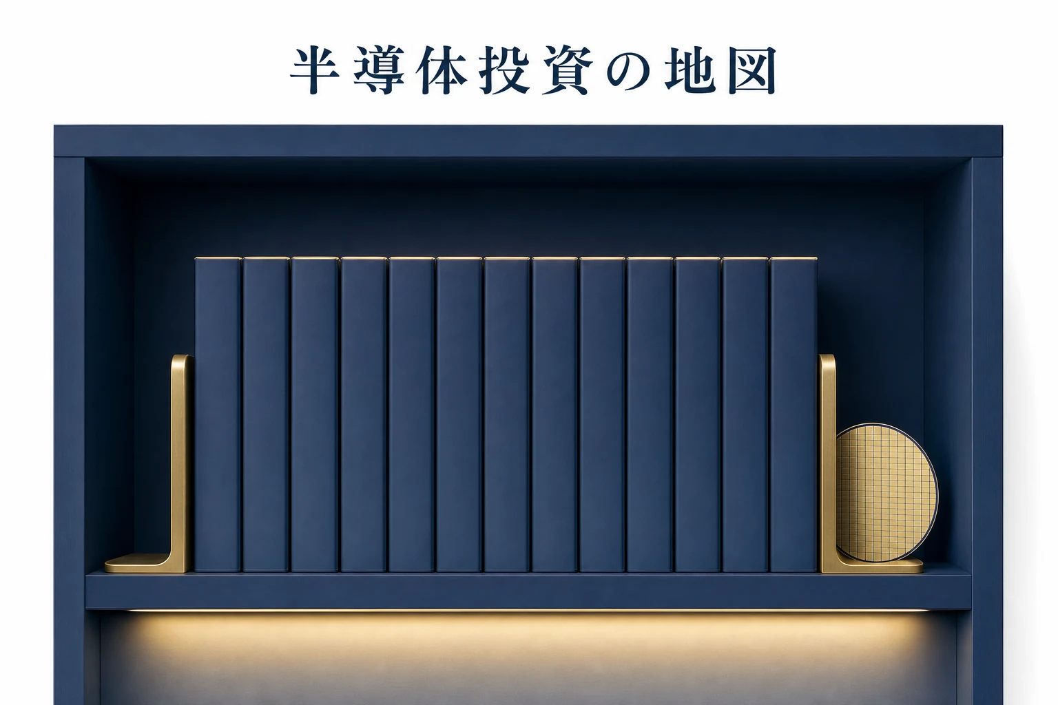 書棚の一段に分野ごとのファイルが立ち並び、真鍮のブックエンドが支えるまとめ記事のアイキャッチ