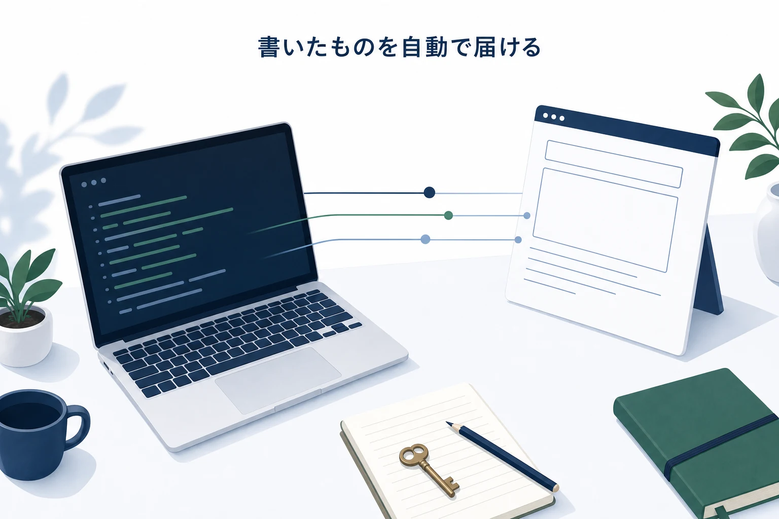 ノートパソコンから伸びた線が空白の記事枠につながり、手前に鍵とメモが置かれた自動投稿のアイキャッチ