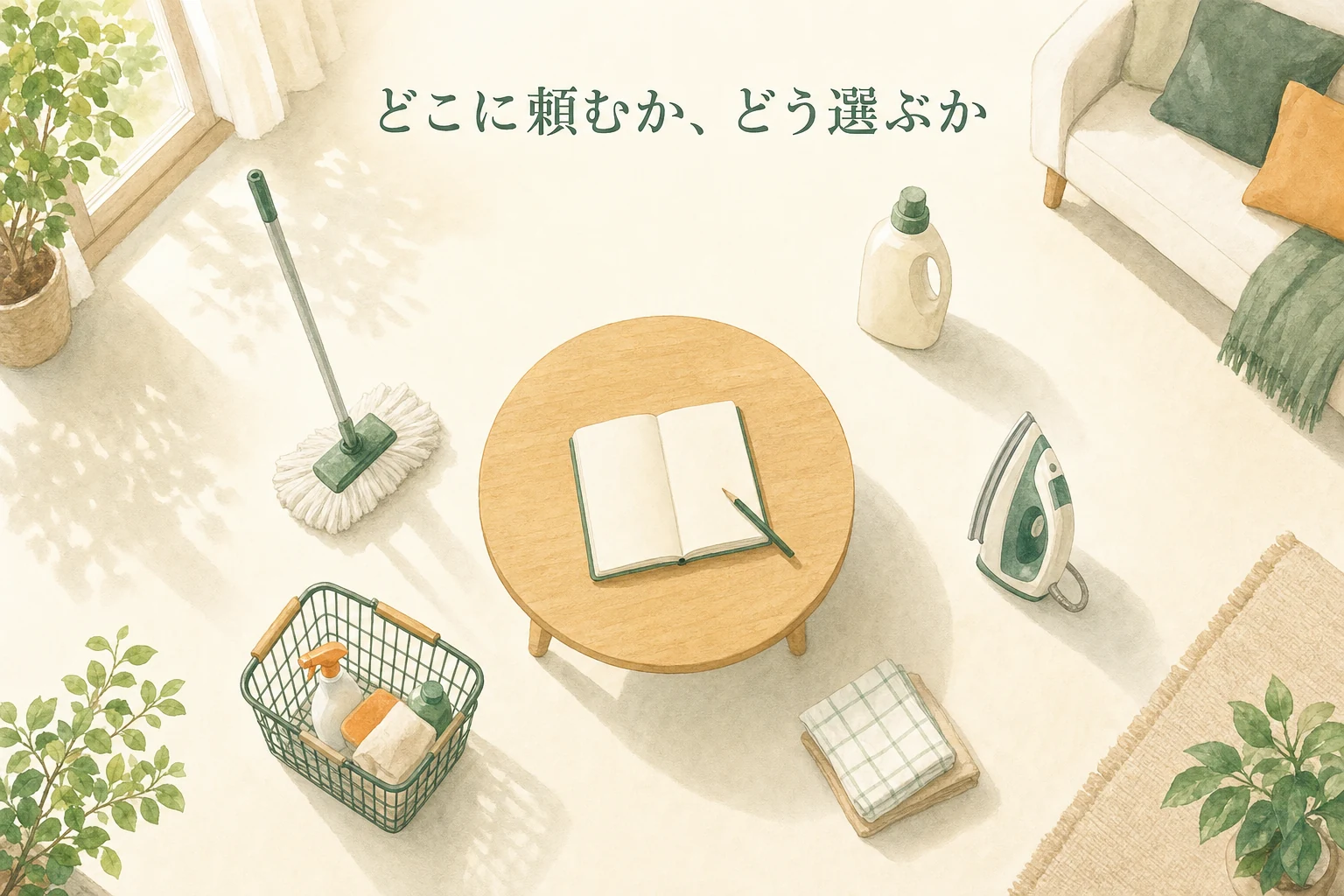 リビングのテーブルを囲むように家事の道具が円く並び、中央に開いたノートが置かれた選び方のアイキャッチ