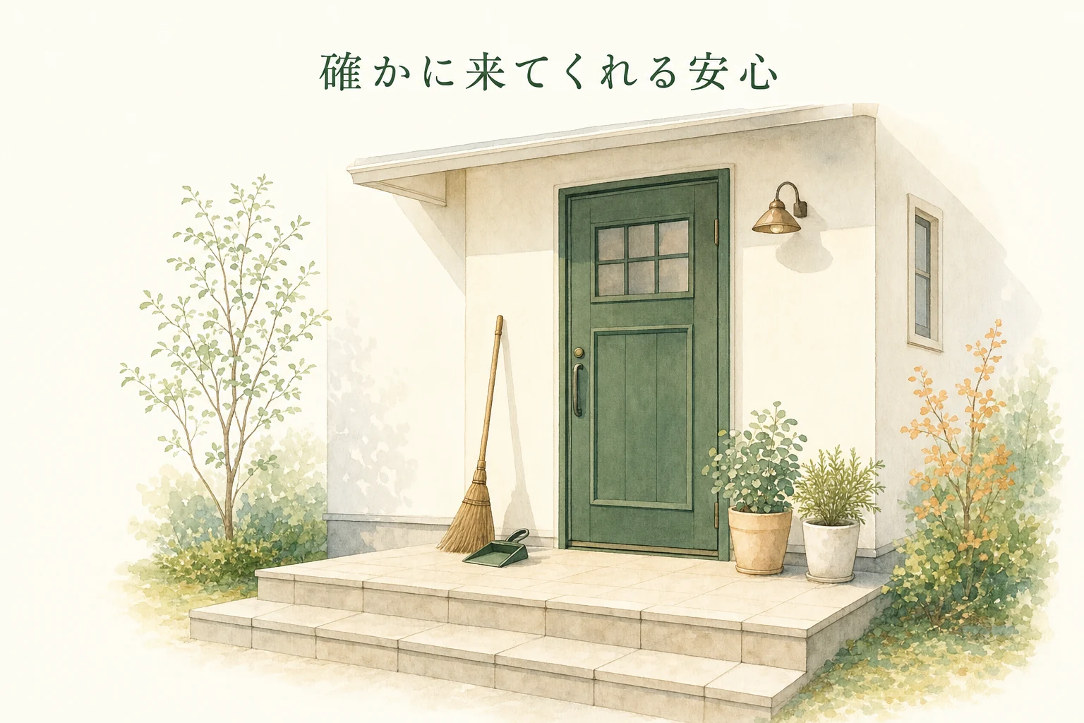 掃き清められた玄関ポーチと箒、鉢植えが置かれた家の外側のアイキャッチ
