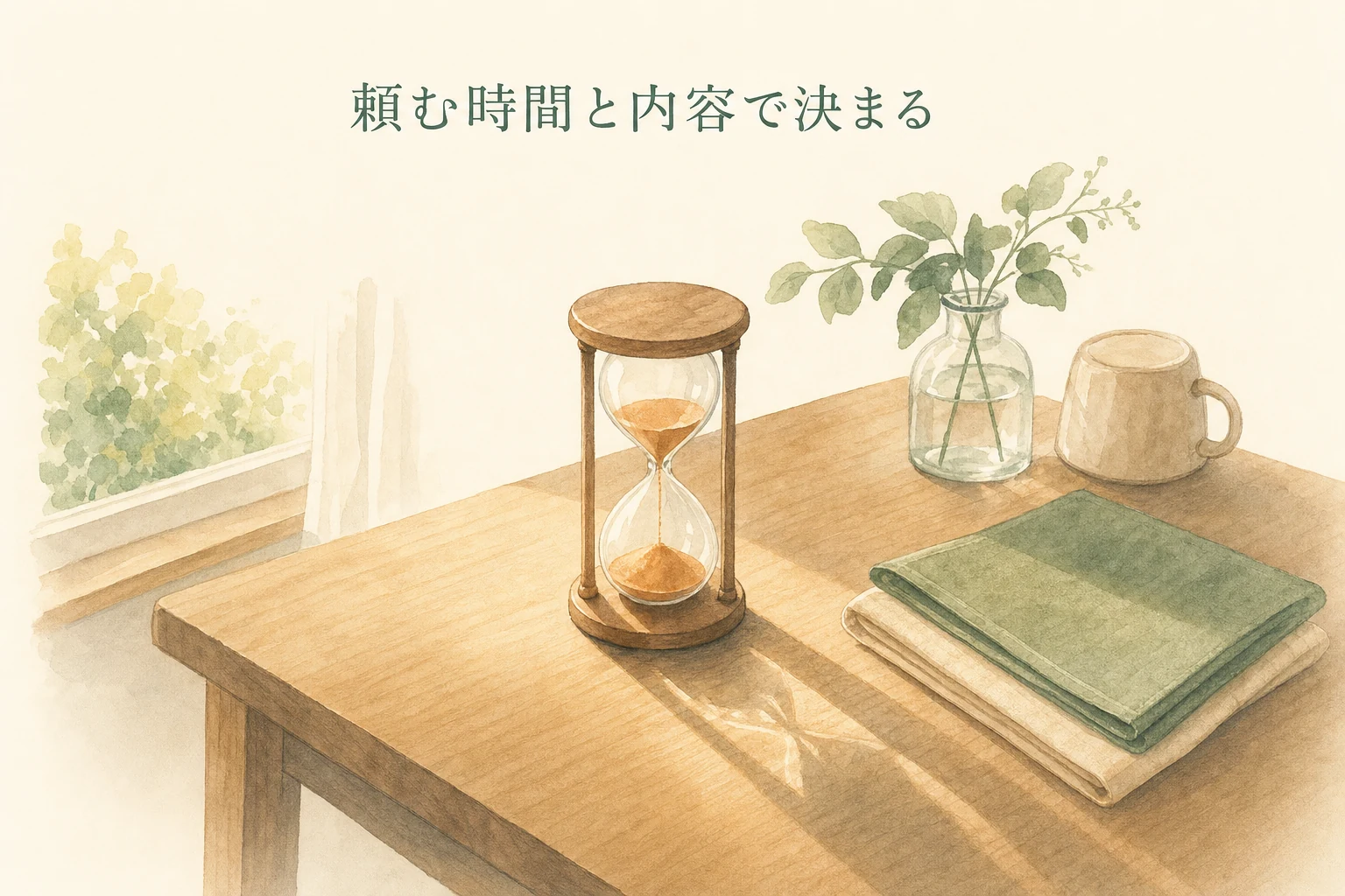 食卓に置かれた砂時計とたたんだクロス、窓辺の光を描いたアイキャッチ