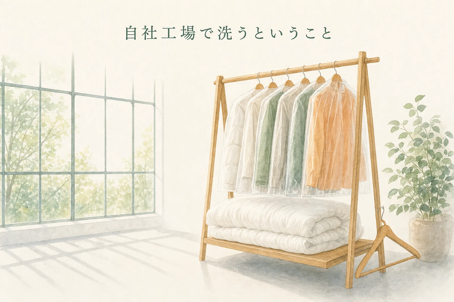 木のラックにカバーをかけた衣類と、たたんだ羽毛布団が並ぶ、清潔な仕上がりを表したアイキャッチ
