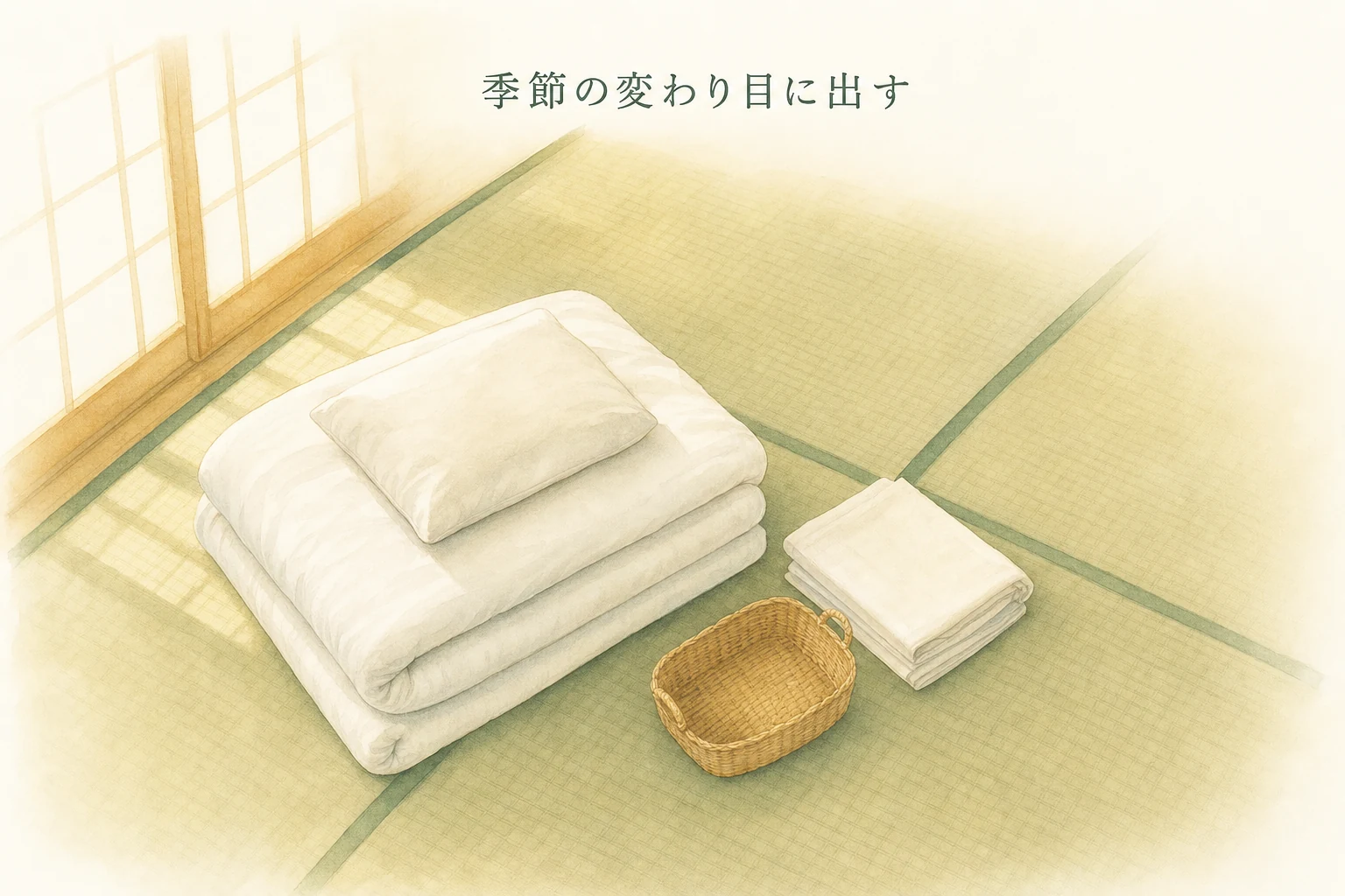寝室にたたんだ布団と枕が重ねて置かれ、窓から朝の光が差すアイキャッチ