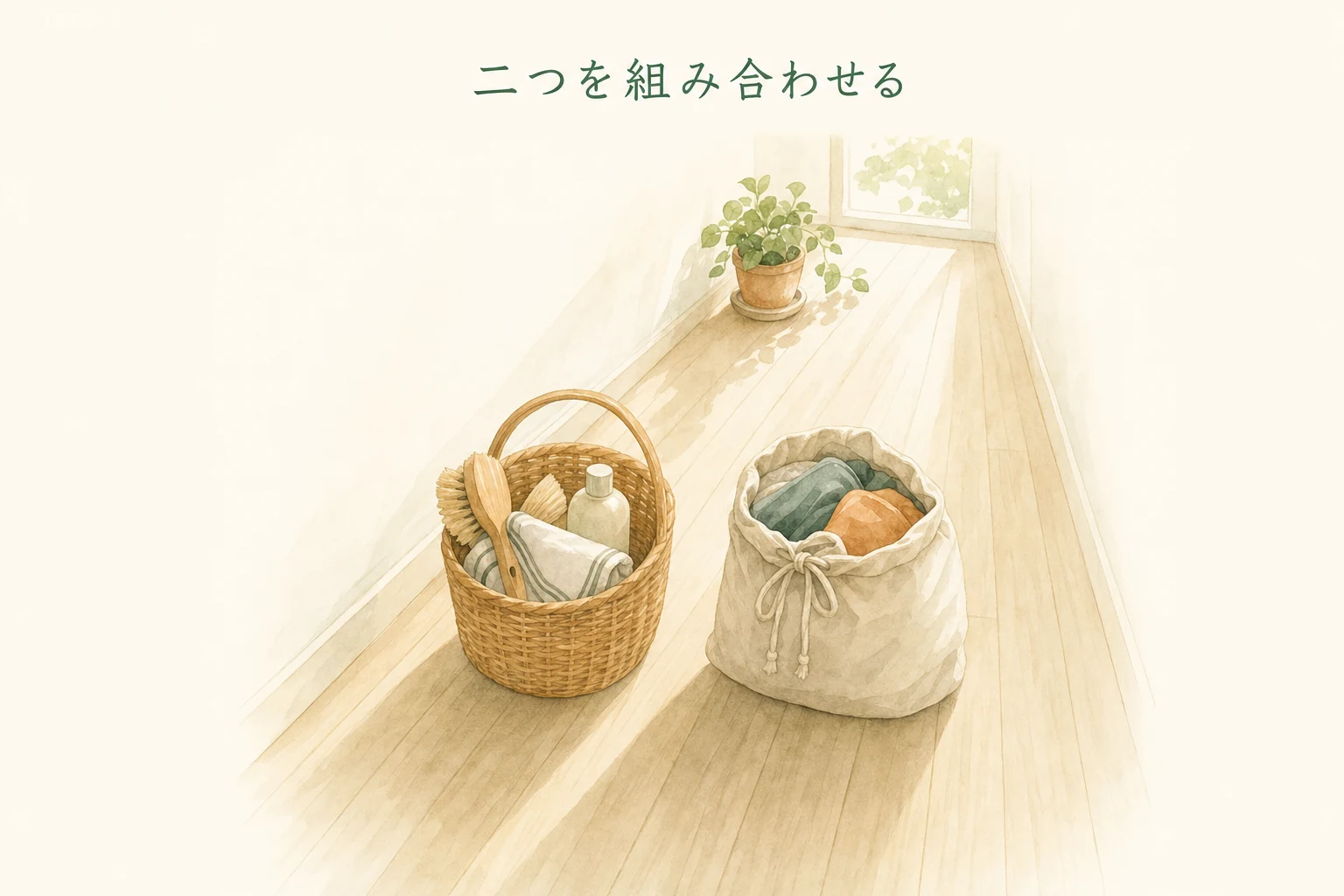 廊下に掃除道具のかごと衣類の布袋が並んで置かれた、組み合わせを思わせるアイキャッチ