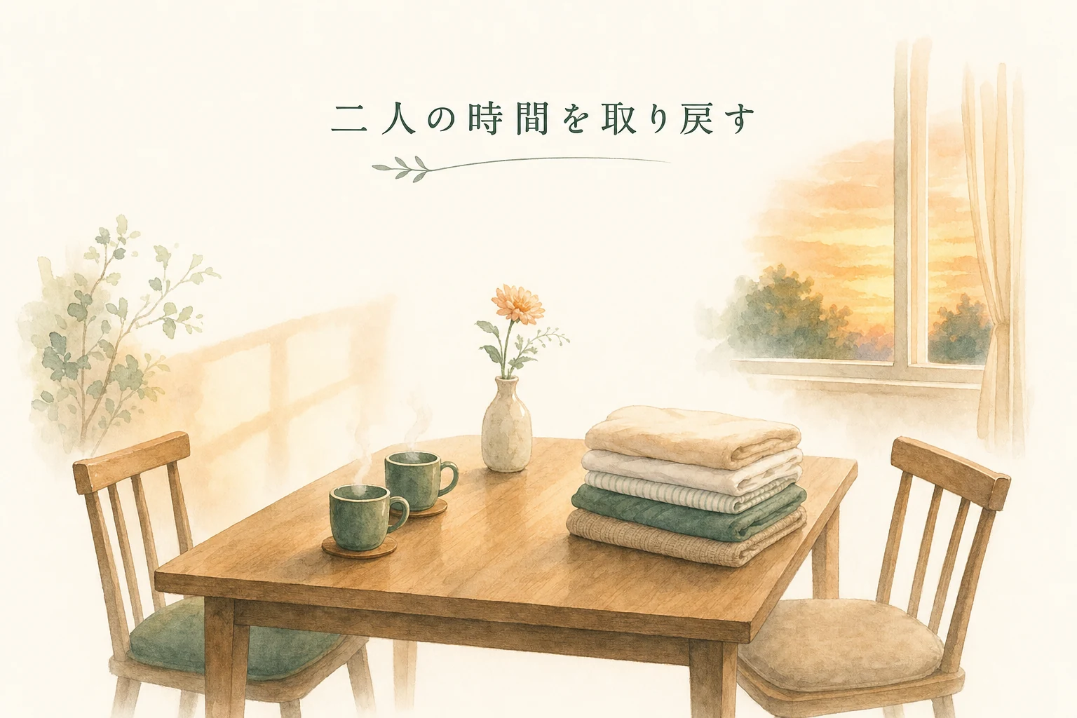 夕方の食卓に二つのカップとたたんだ洗濯物が置かれた、落ち着いた居間のアイキャッチ