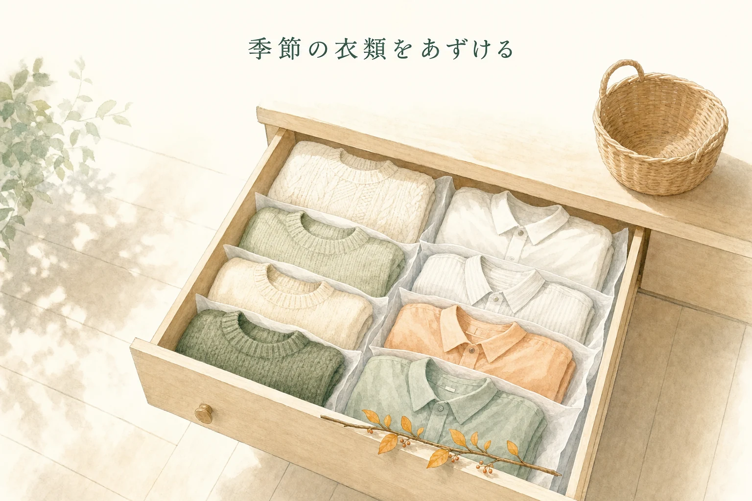 引き出しを開けた中にたたんだニットが並び、季節の枝が一本添えられたアイキャッチ