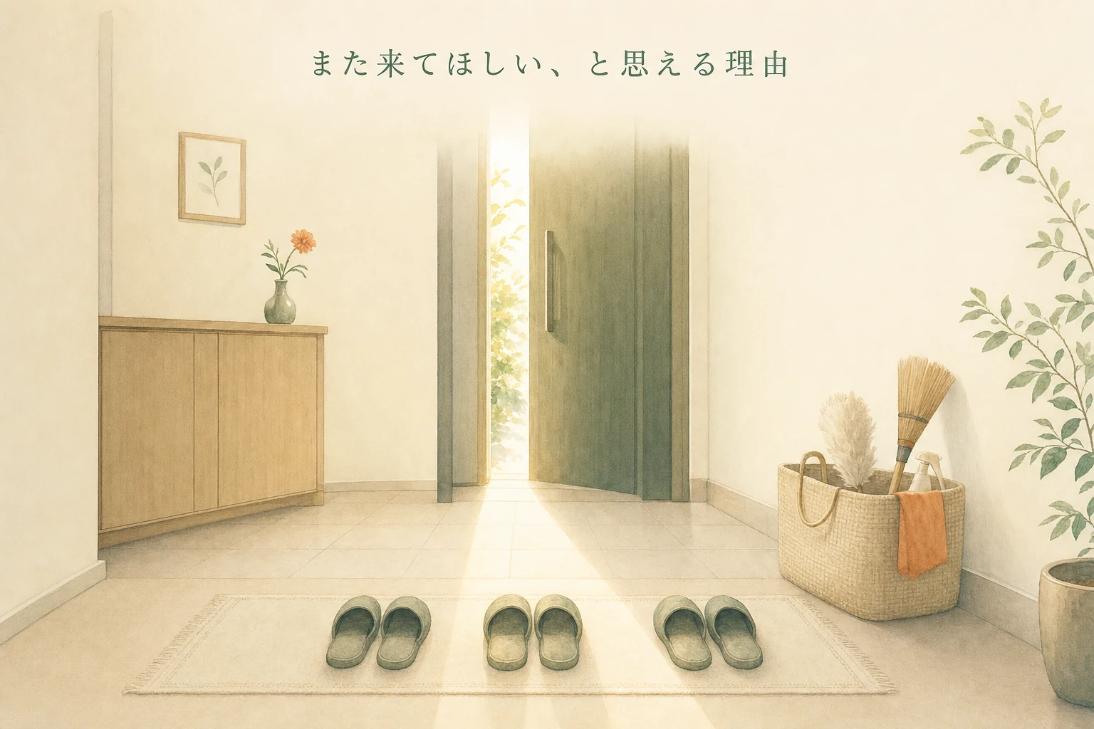 玄関にそろえたスリッパと掃除道具のかご、一輪の花が置かれた、また頼みたくなる家のアイキャッチ