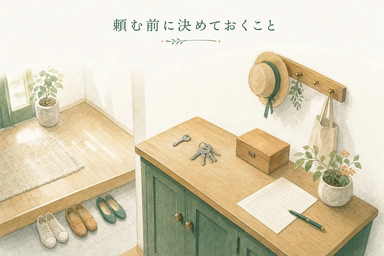 玄関の内側に鍵と貴重品の小箱、罫線だけの書類とペンが置かれた、頼む前の備えを表したアイキャッチ