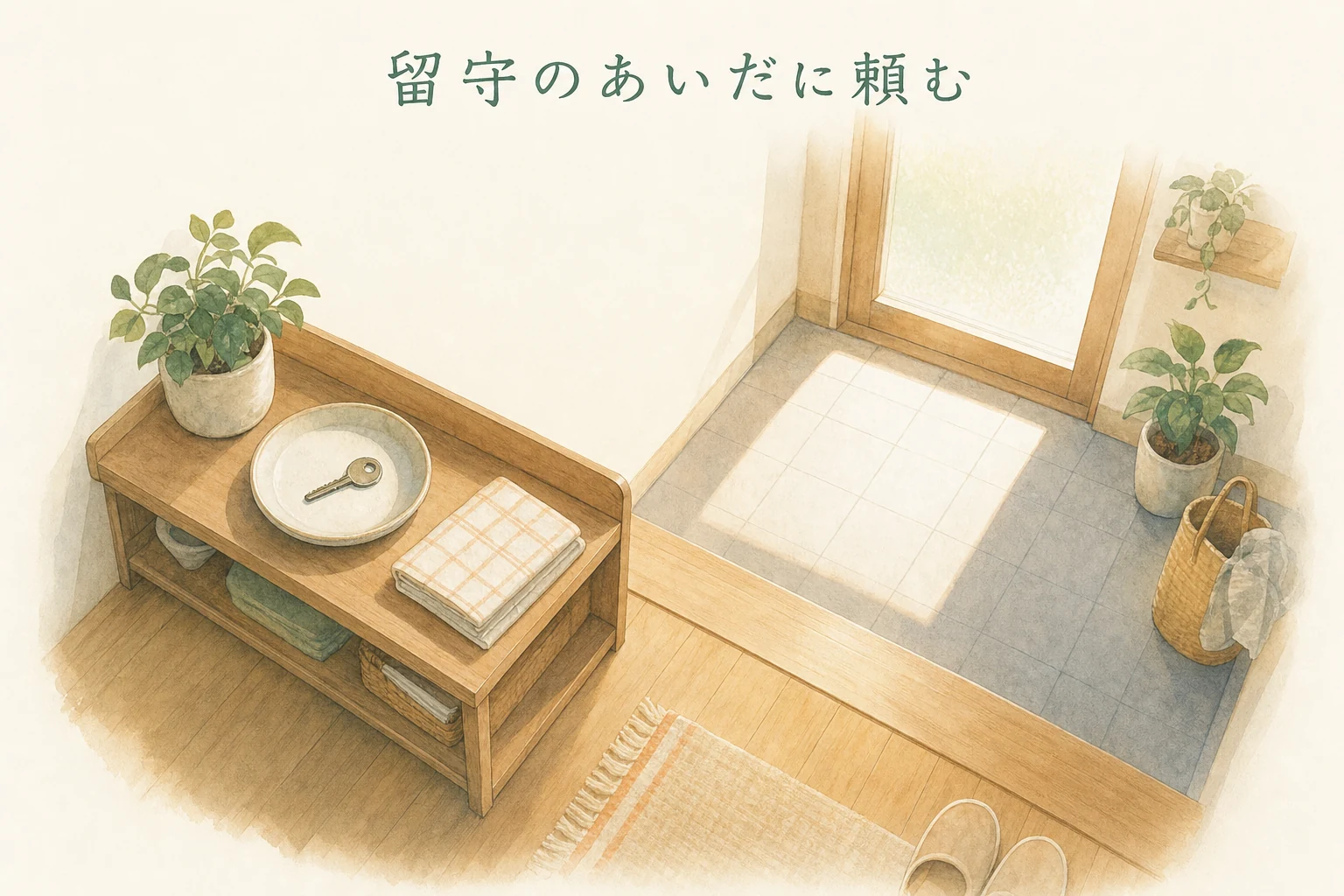 明るい玄関の小皿に置かれた一本の鍵と、脇の観葉植物、扉から差す光を描いたアイキャッチ