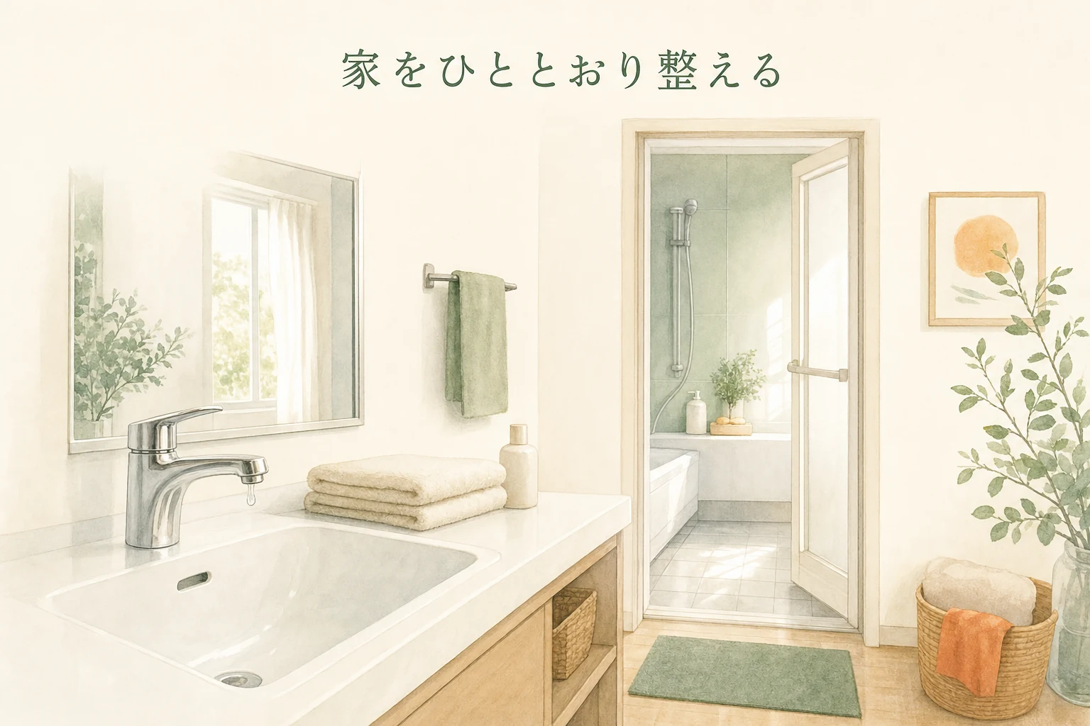 浴室の入口から見た洗面台と鏡、揃えたタオルと水滴の光を描いたアイキャッチ