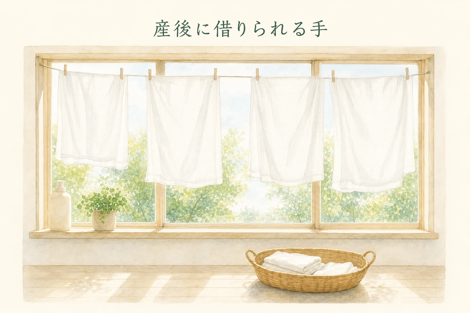洗濯室の窓辺に干された白いガーゼの布と、小さな洗濯かごが置かれたアイキャッチ