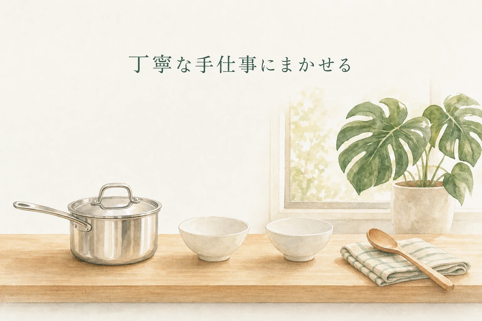 台所のカウンターに磨かれた鍋と器が並び、窓辺に南国の観葉植物が置かれたアイキャッチ