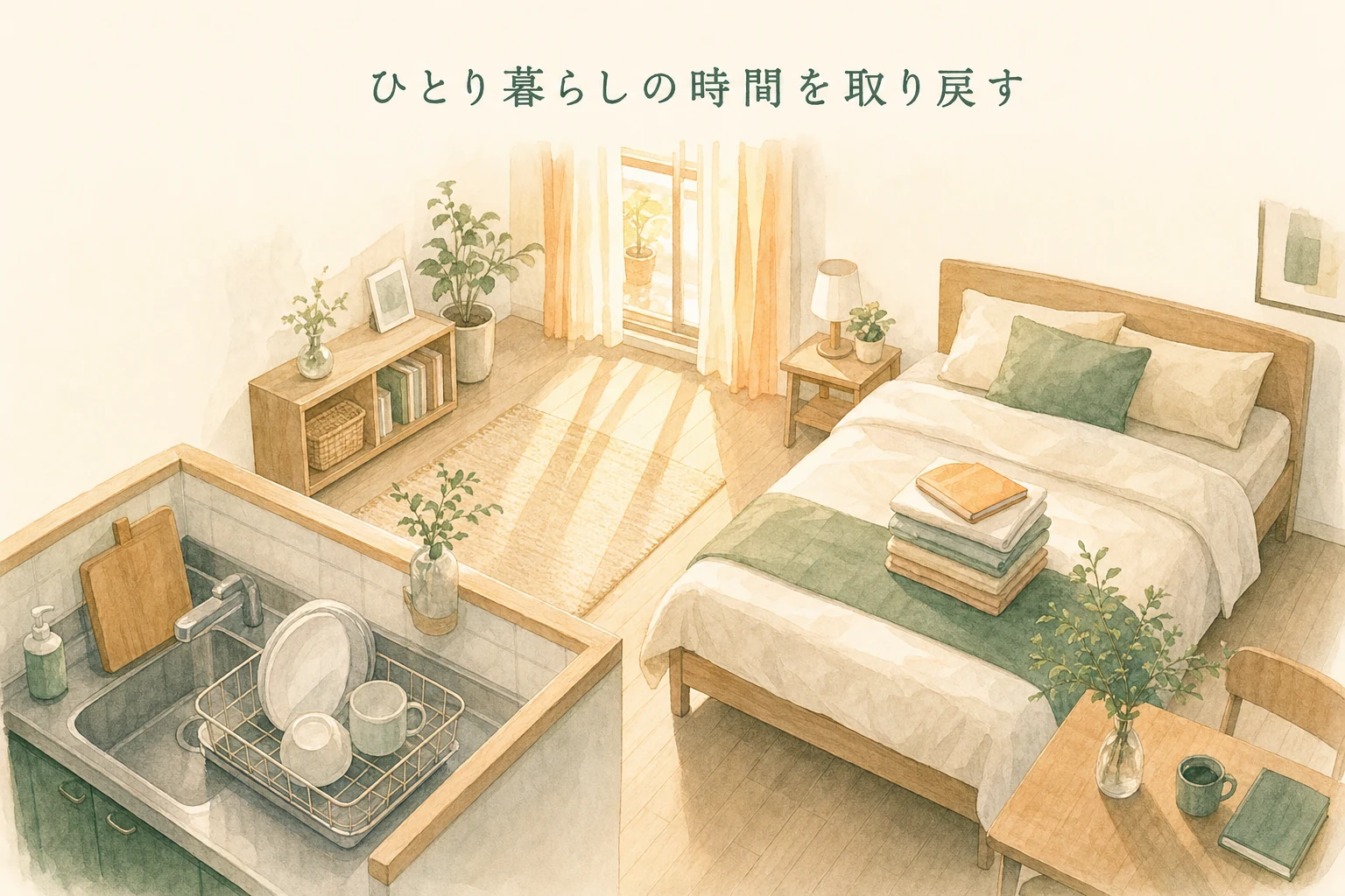 片付いた小さなキッチンとたたんだ洗濯物、夕方の光が入るワンルームを描いたアイキャッチ