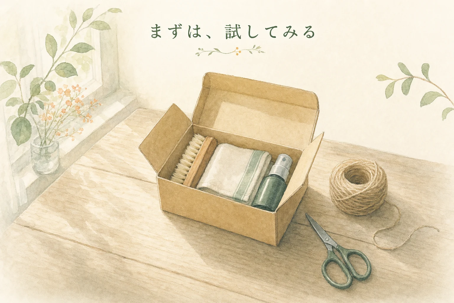 テーブルの上でふたを開けた小箱に掃除道具が収まっている、まず一度試す場面のアイキャッチ