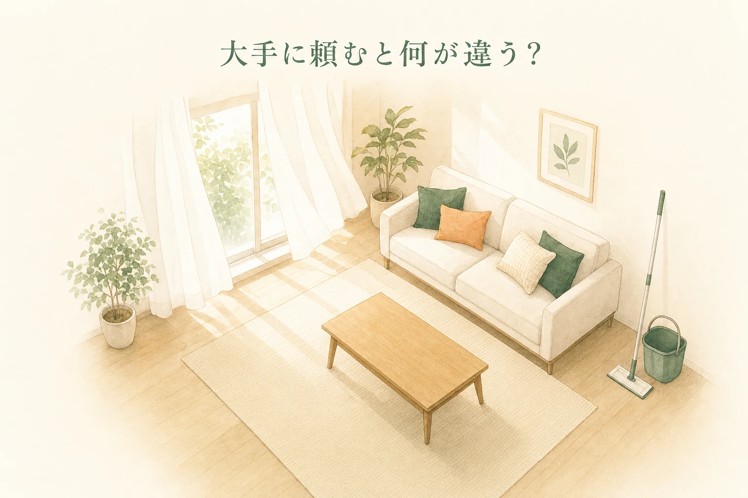 整えられたリビングにモップとバケツが置かれ、カーテンが揺れる、大手に頼んだあとの部屋のアイキャッチ