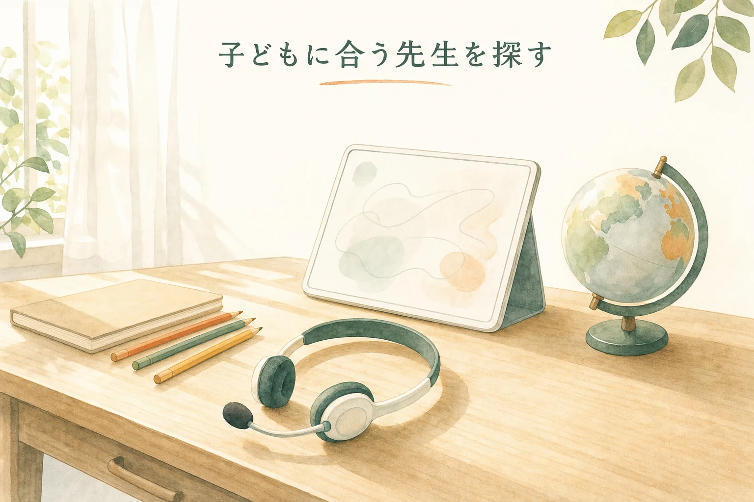木の机に子ども用の小さなヘッドセットとタブレット、小さな地球儀と色鉛筆が並ぶ午前のアイキャッチ