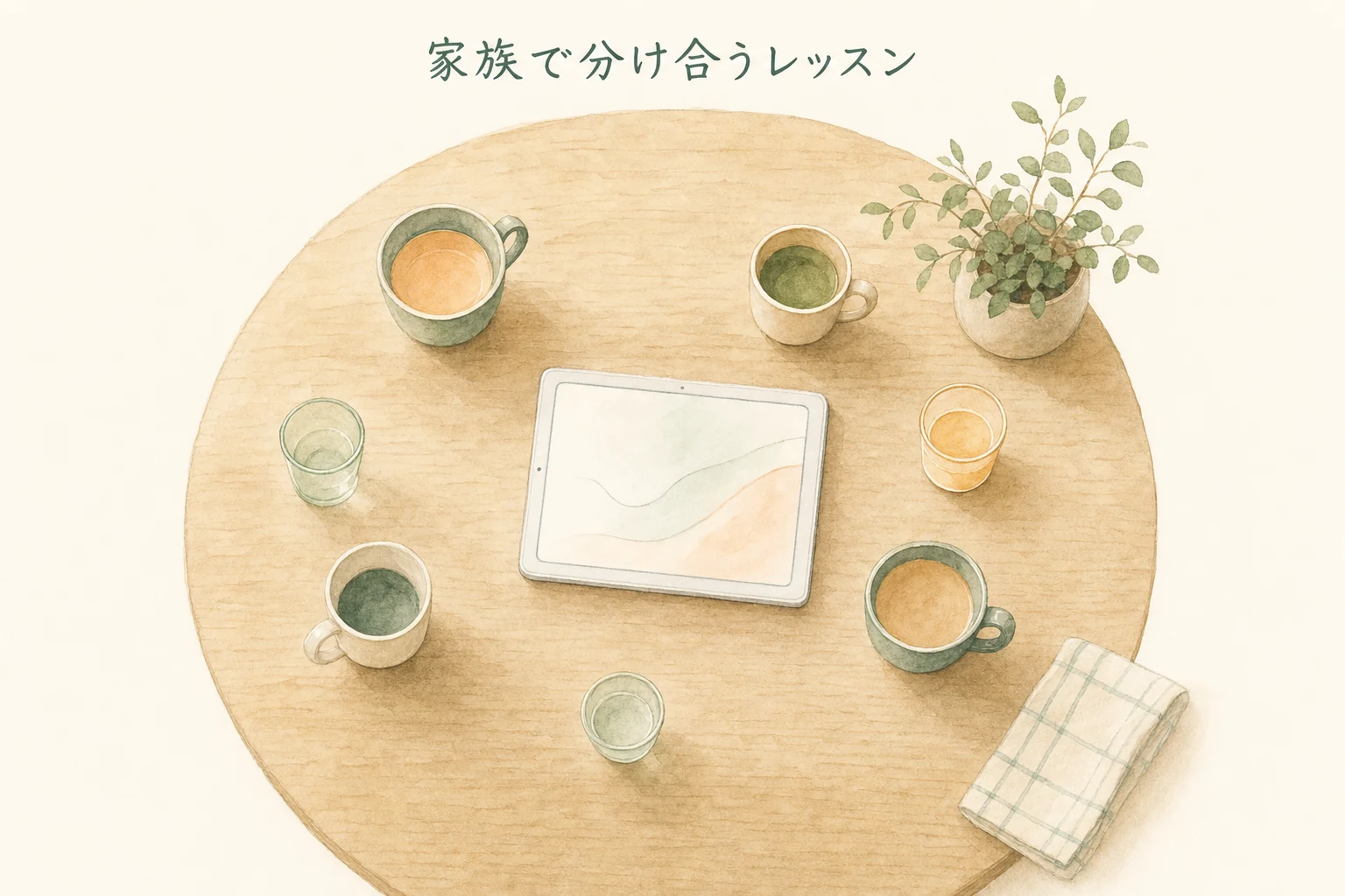 リビングの丸いテーブルを真上から見た構図で、中央のタブレットを大小のマグカップが囲むアイキャッチ