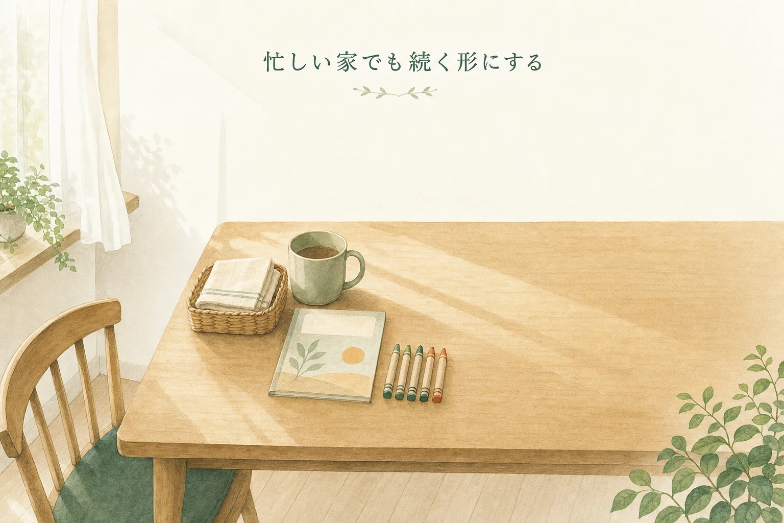 朝の木のテーブルの片側に子どもの教材とクレヨン、大人のマグカップと布巾のかごが整えて置かれたアイキャッチ