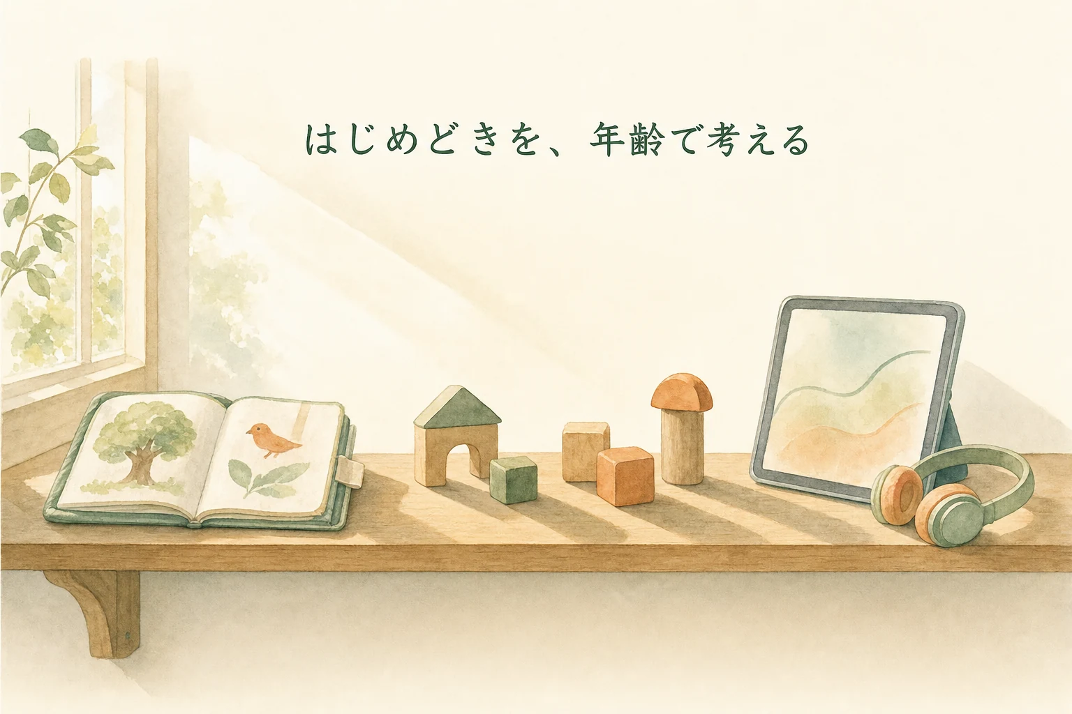 木の棚に左から布の絵本、木の積み木、薄いタブレットが順に並び年齢の段階を表したアイキャッチ