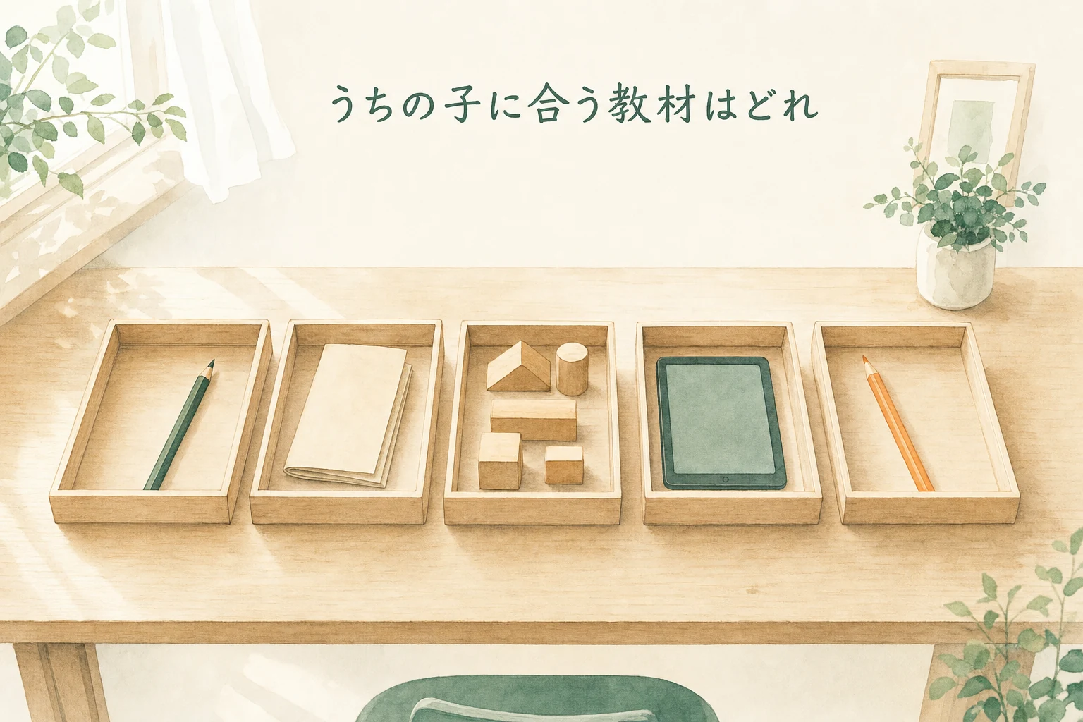 木の机に同じ形の浅い木箱が横一列に並び、それぞれ中身の違う学習道具が入っているアイキャッチ