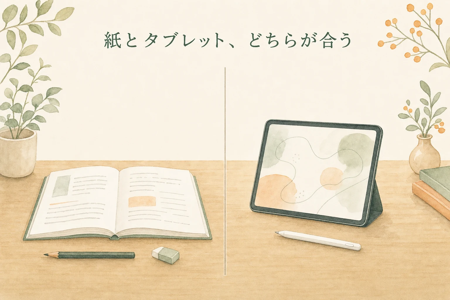 中央の仕切りをはさんで左に紙のテキストと鉛筆、右にタブレットとペンが並ぶ左右対比のアイキャッチ
