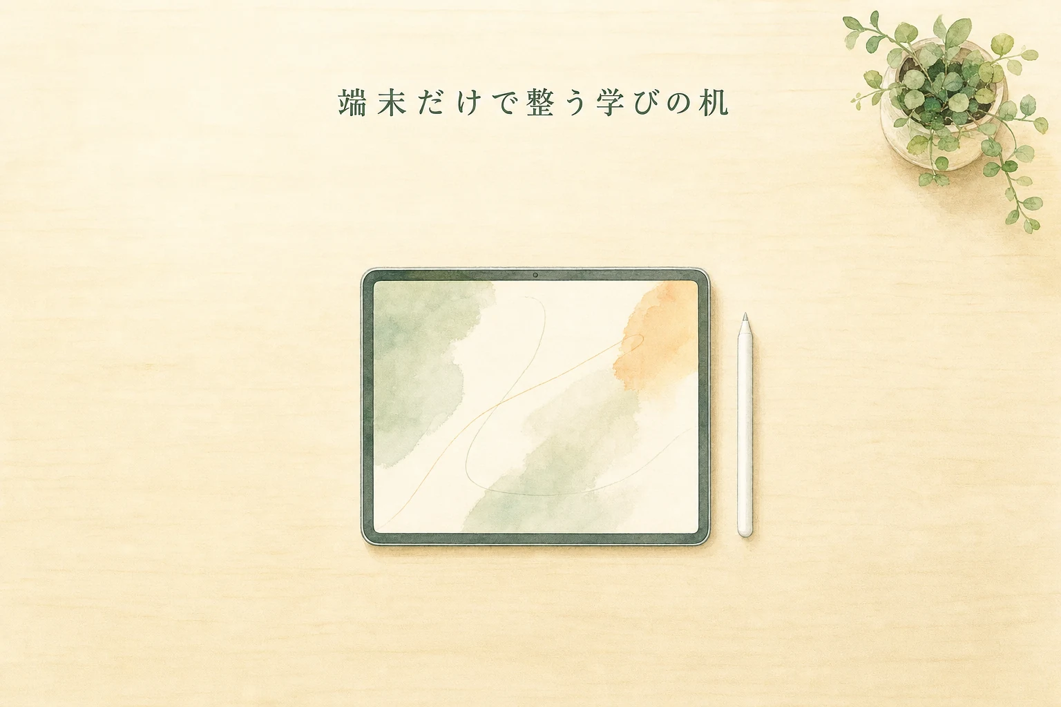 木の机の真上から見た構図で、薄いタブレット一台と専用ペンだけが置かれ広い余白が残るアイキャッチ