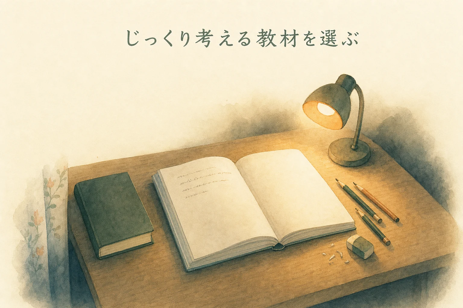 夜の子ども部屋の机に開いた厚い問題冊子と削った鉛筆、卓上ランプの光の輪が落ちるアイキャッチ