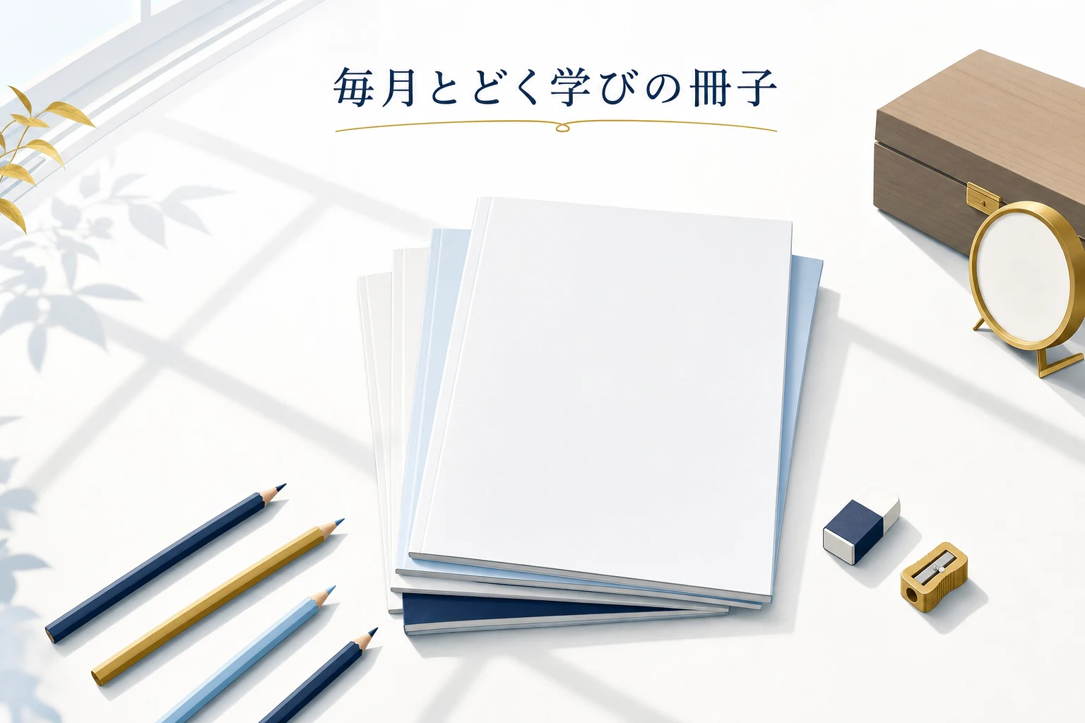 机の上に重ねた薄い学習冊子と色鉛筆、消しゴムを斜め上からとらえたアイキャッチ