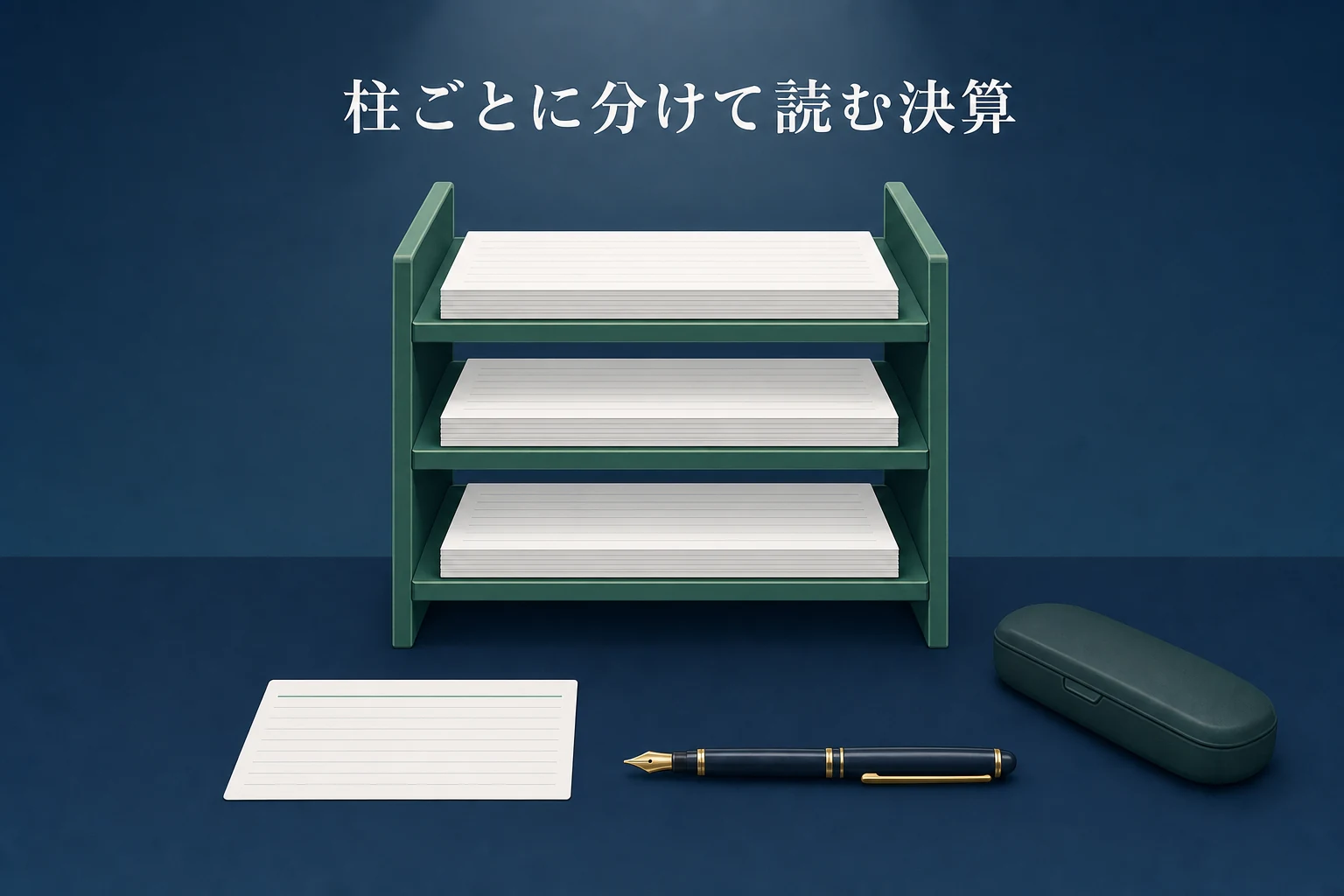 三段の書類棚にそれぞれ書類の束が収まり、手前に索引カードが置かれた決算まとめのアイキャッチ