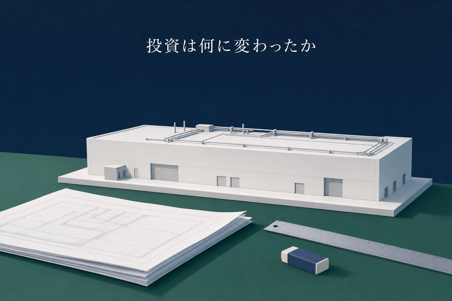 白い建物の模型と、その脇に広げた設計図と定規を描いた設備投資のアイキャッチ