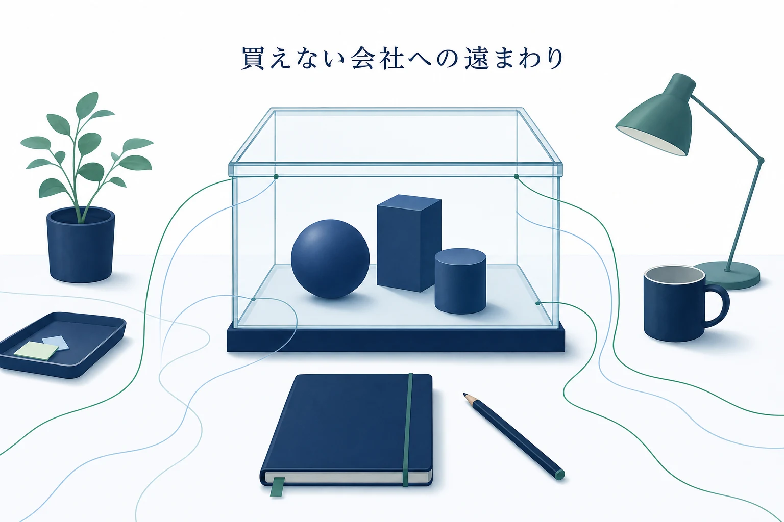ガラスのケースに収めた三つの立体と、その外側を迂回してケースに近づく細い線を描いたアイキャッチ