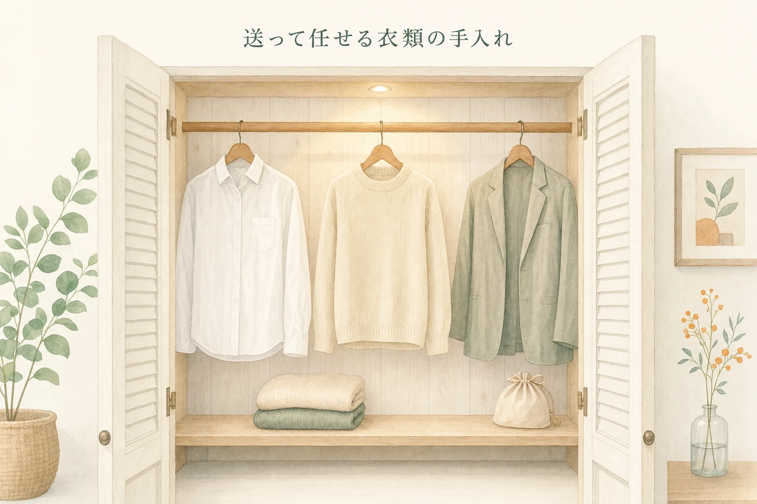 クローゼットの中に間隔をあけて掛かるシャツとニットを正面から見たアイキャッチ
