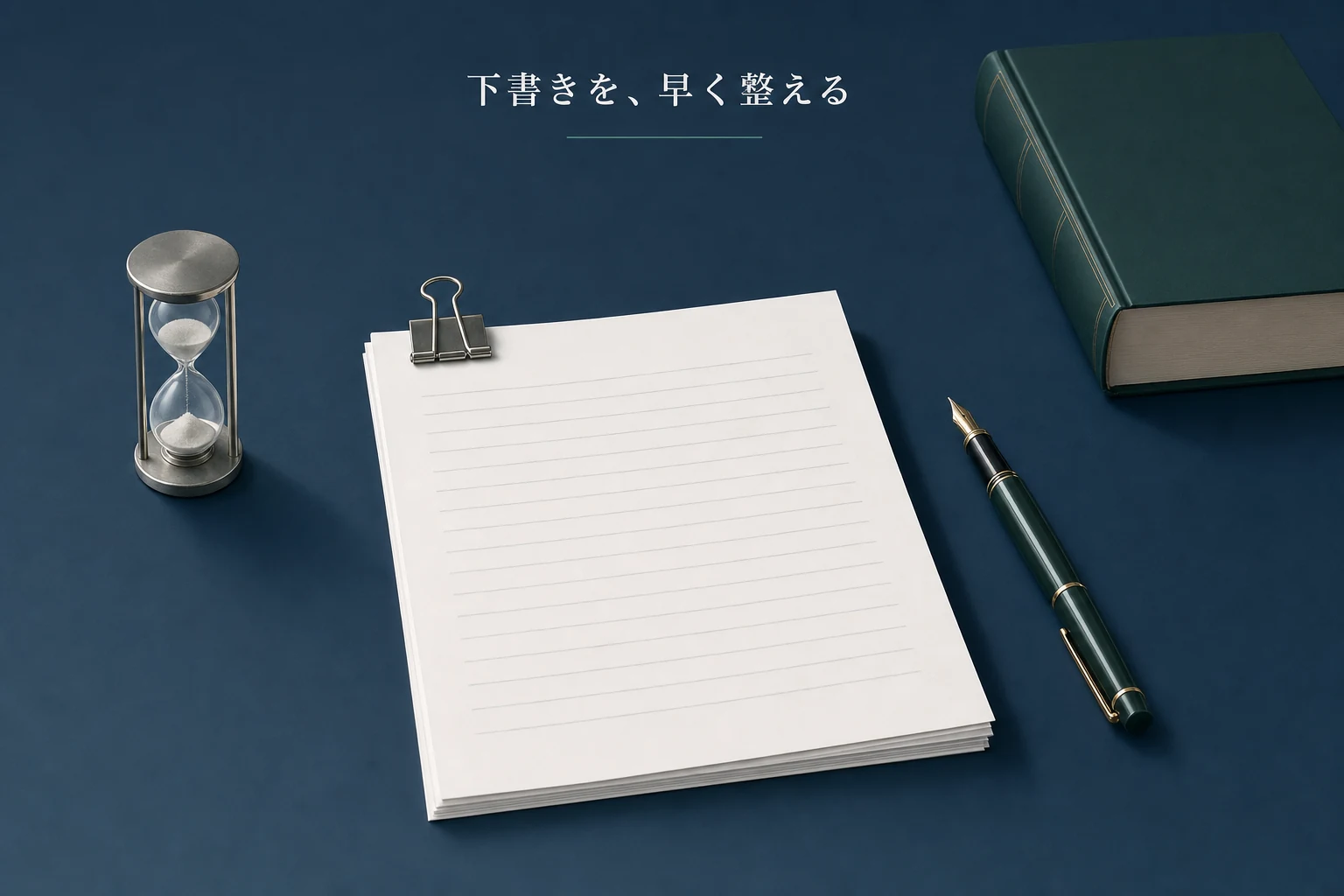 クリップで留めた罫線だけの書類束と万年筆、砂時計が置かれた下書き作成のアイキャッチ