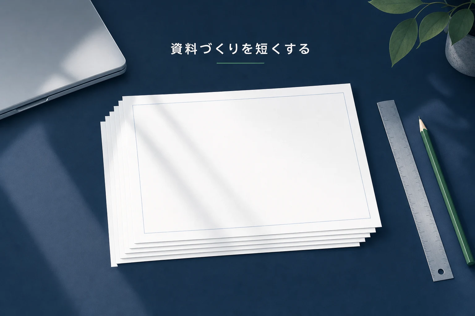 白紙のスライド用紙が机に少しずつずらして重ねられ、定規と鉛筆が添えられたアイキャッチ