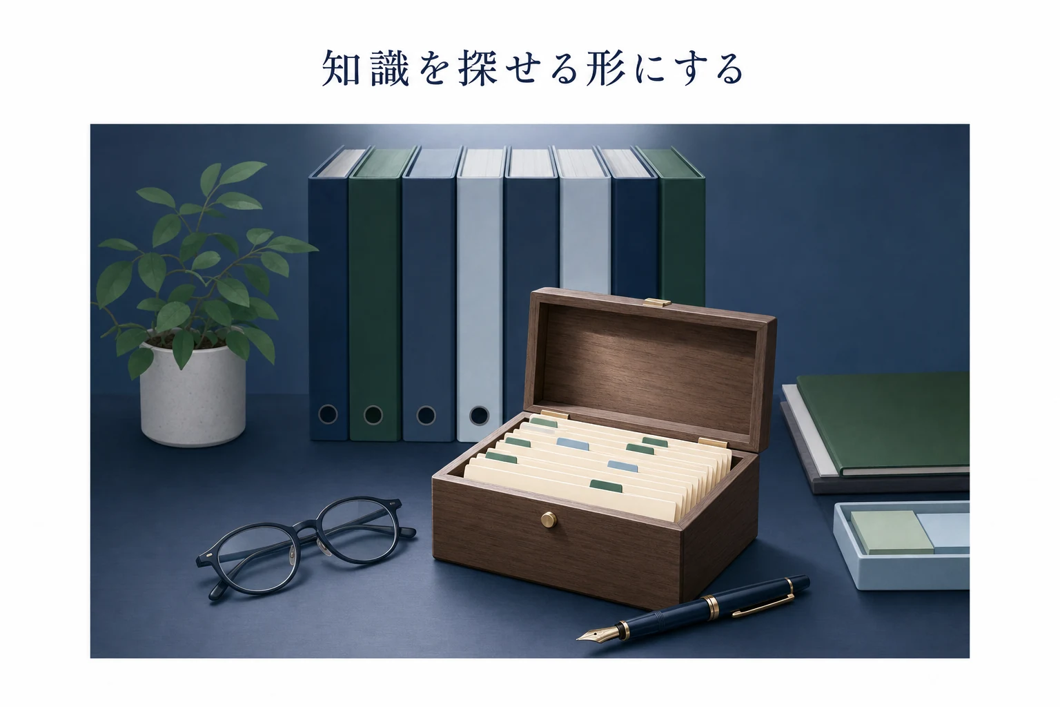 立てたバインダーの列と索引カードの木箱が並ぶ、知識を探せる形にする様子のアイキャッチ