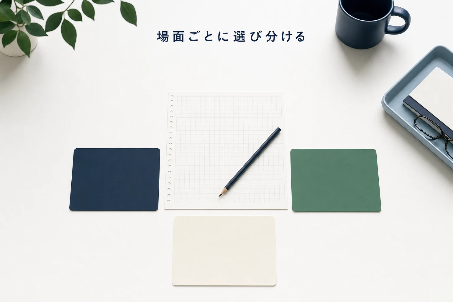 三方向に置かれた同じ大きさの無地のカードと、中央の方眼メモを描いた使い分けのアイキャッチ