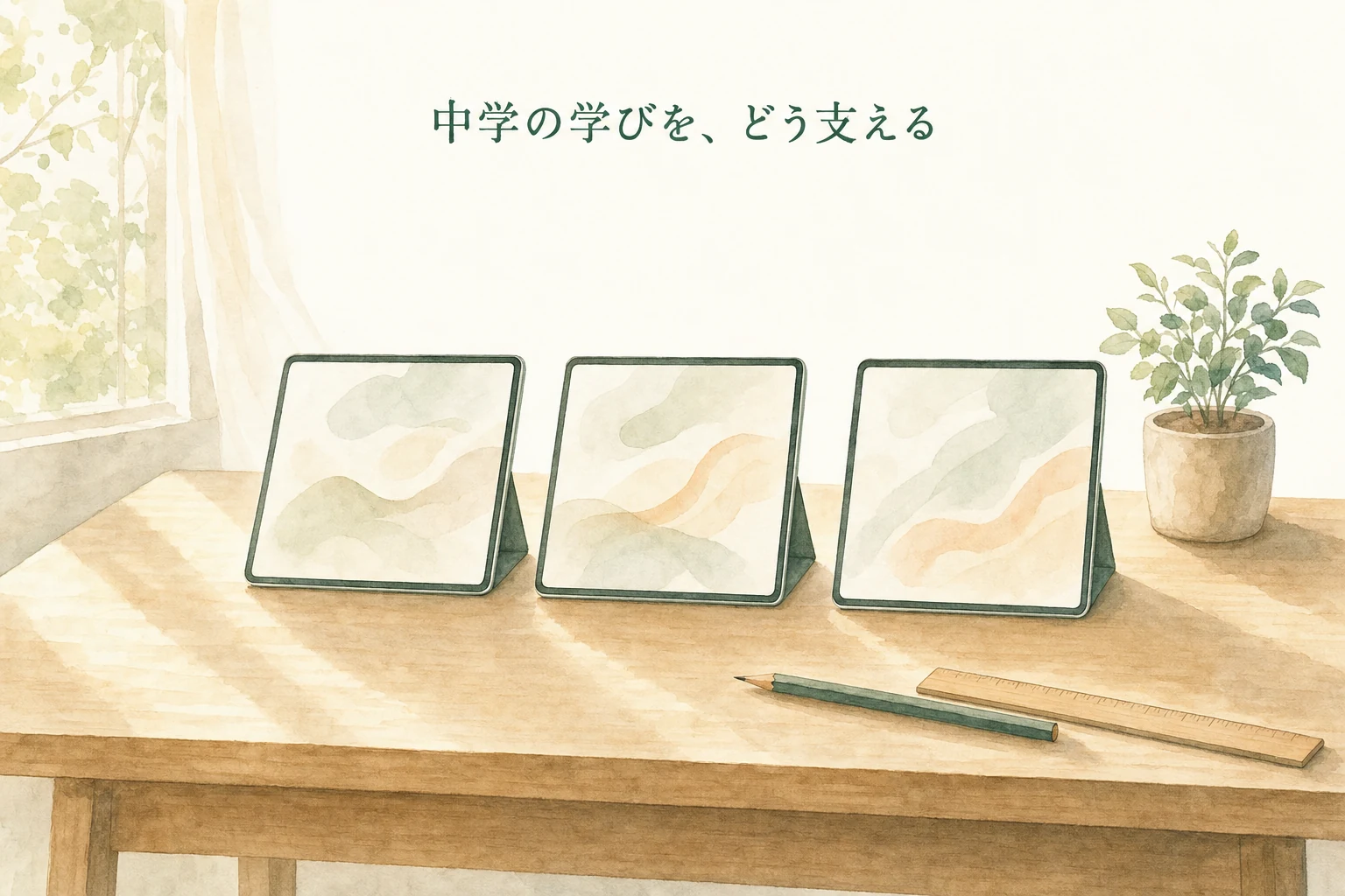 木の机に同じ大きさの薄いタブレットが三台、等間隔で立てかけられ午後の光が差す中学生の学習机のアイキャッチ