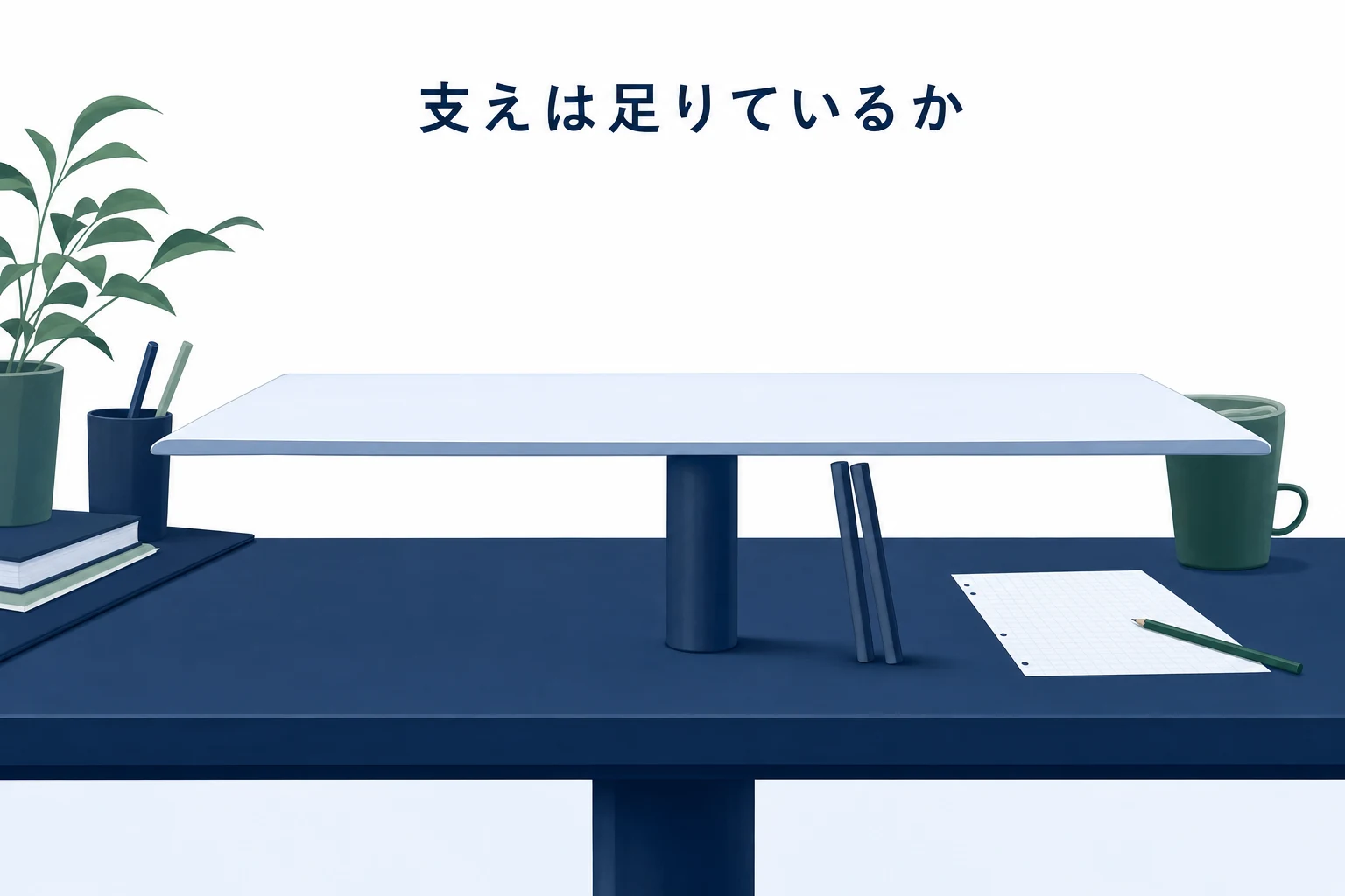 太い一本の柱だけで支えられた大きな四角い板と、そばに置かれた予備の支柱を描いたアイキャッチ