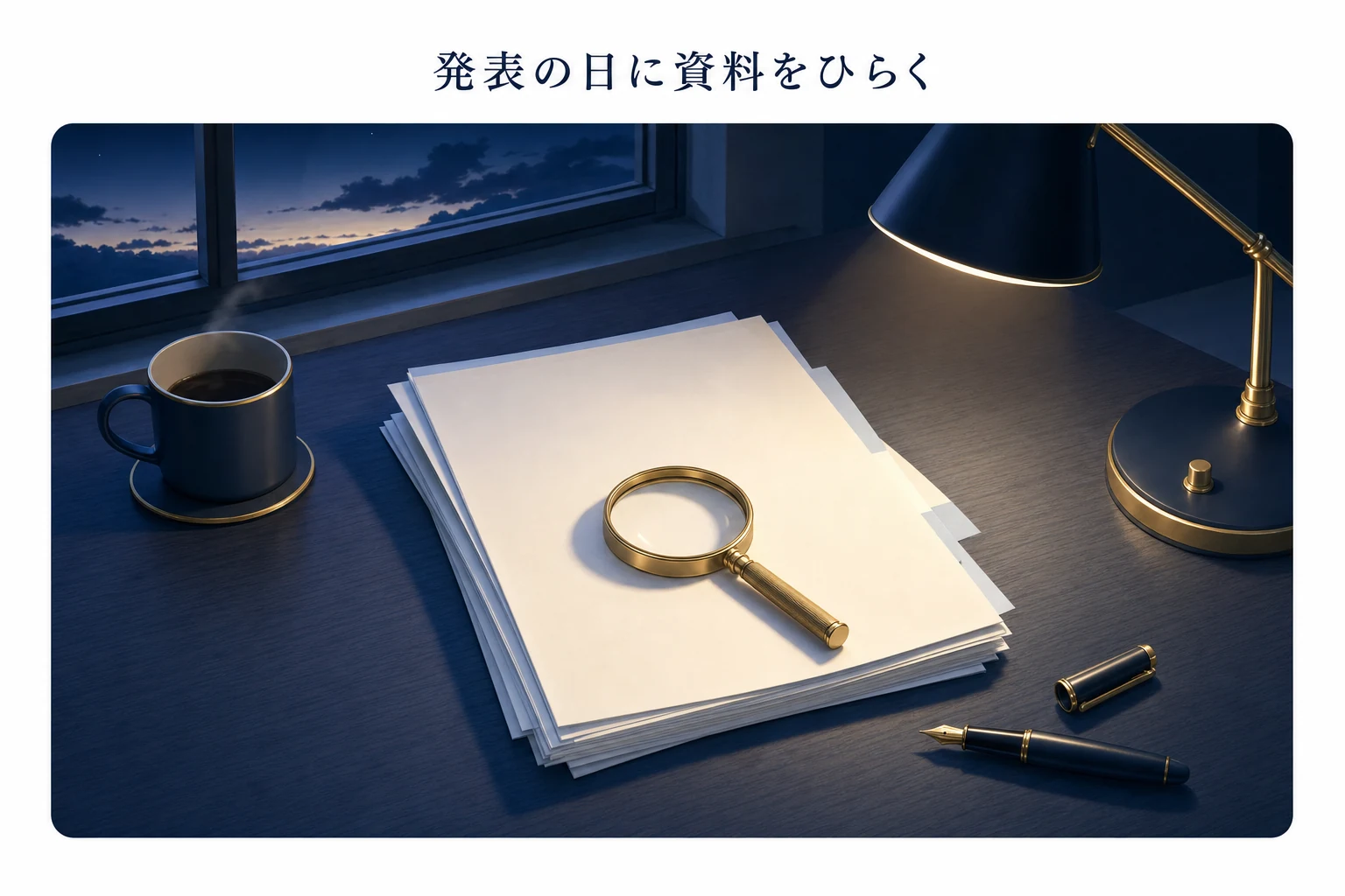 机の上の閉じた決算資料の束とルーペ、万年筆で、発表当日に数字を読む場面を表したアイキャッチ