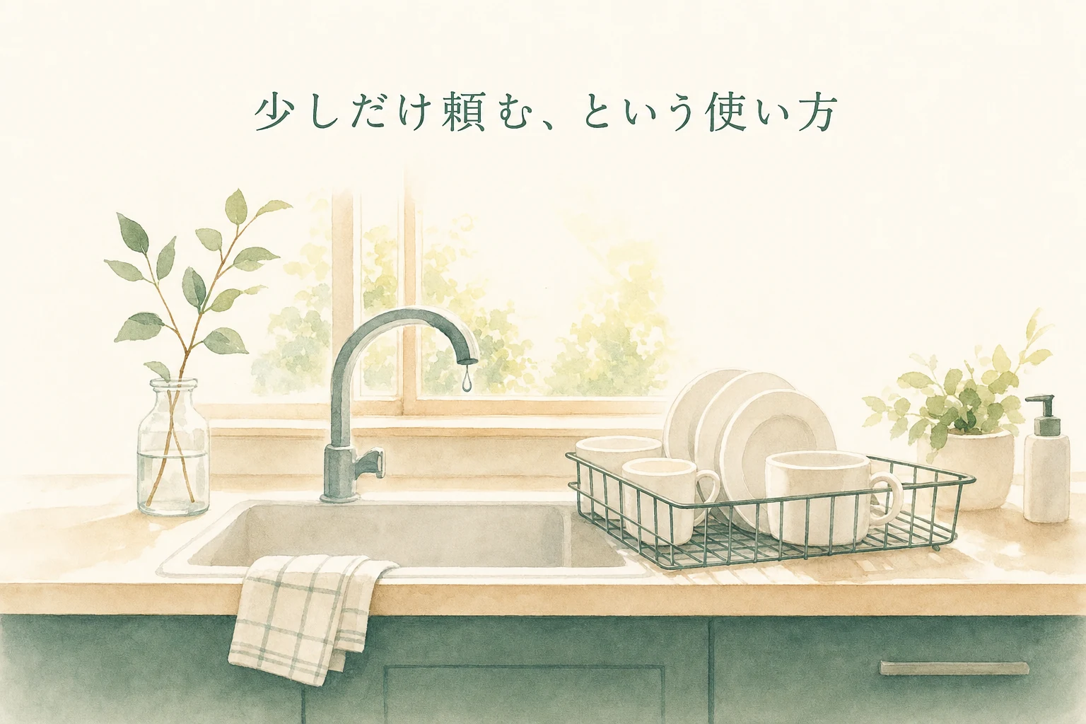 洗い終えた食器が水切りかごに並び、布巾がかかった台所のシンク前を描いたアイキャッチ