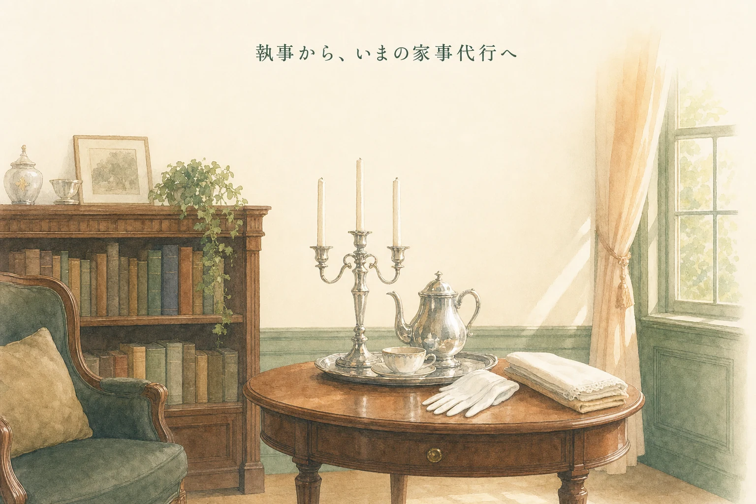 洋館の一室に磨かれた銀の燭台とティーセット、白い手袋が置かれた、執事文化から続く歴史のアイキャッチ